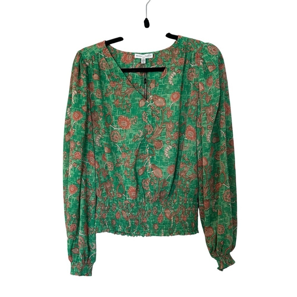 Maison d’Amelie Paris Women’s Long Sleeve Green & Pink V-Neck Blouse Sz M NWT